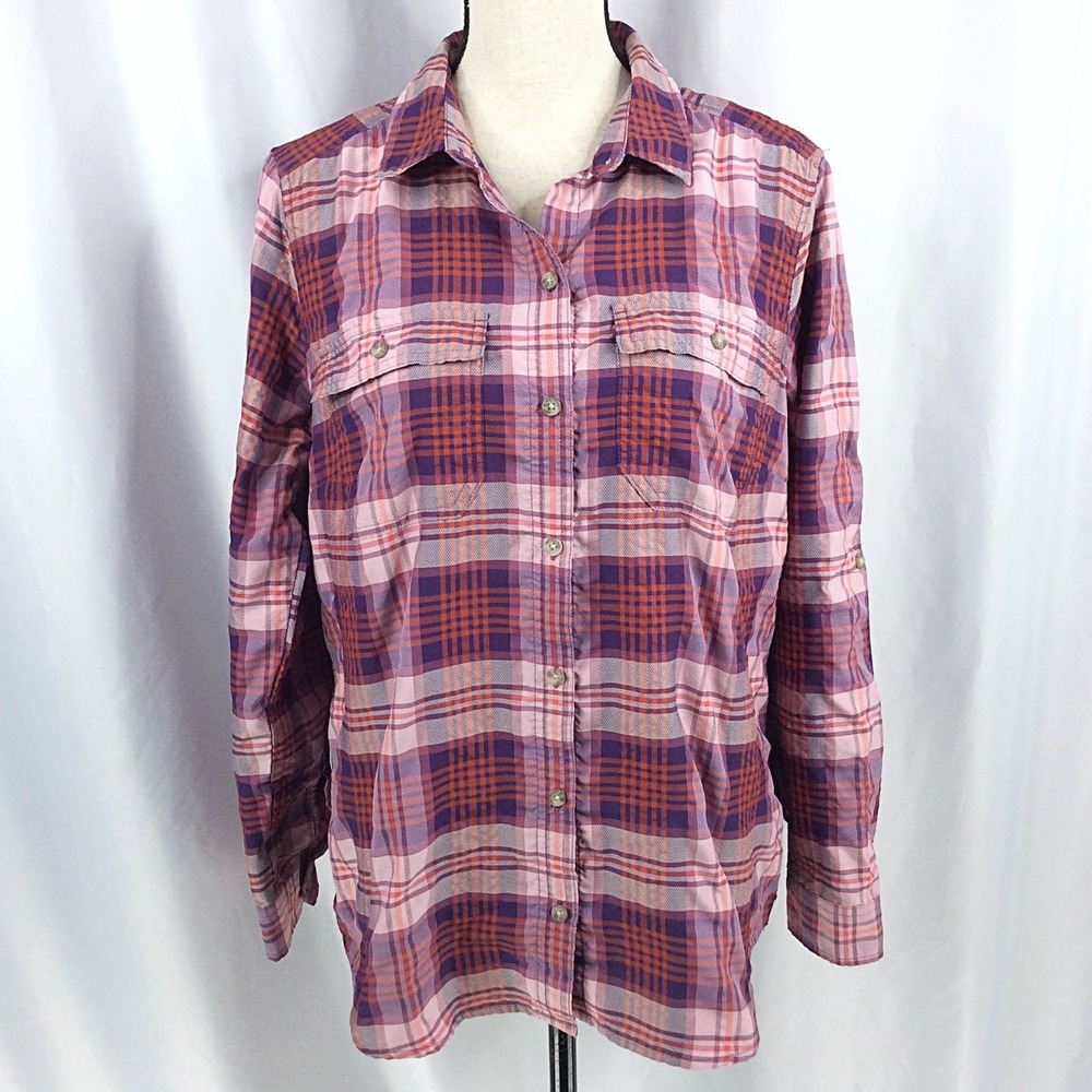 Eddie Bauer Plaid Top Women's Size Large Classic Fit Pink Purple Roll Tab Sleeve